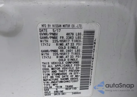 2017 Nissan Rogue Sv z USA, uszkodzony, nr VIN JN8AT2MV2HW272897